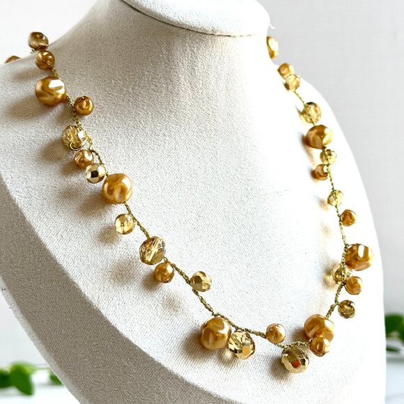 Ronit Nafshi Necklace, Gold Crystal & Pearl Beads, Handmade Israeli Design - Picture 3 of 7